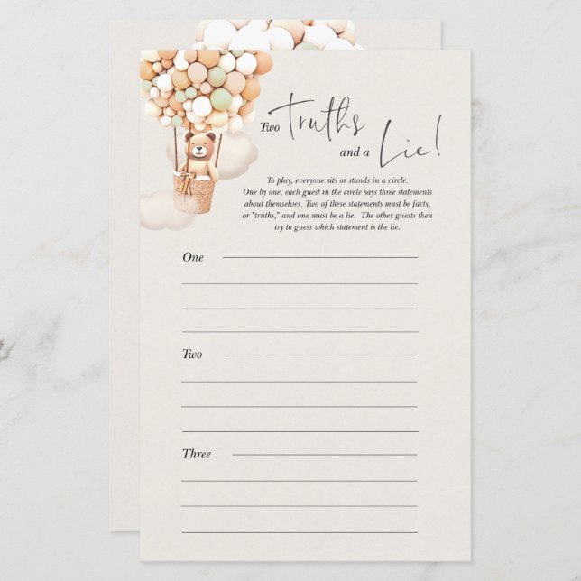 クマ赤ちゃんシャワーゲーム – 2つのプッシュと嘘 (正面/裏面)