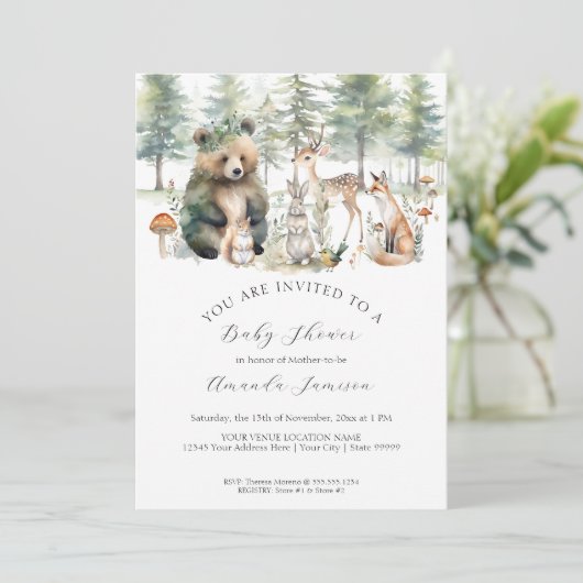 クマ鹿の森の森かわいい動物の赤ちゃんシャワー 招待状 (スタンド正面)
