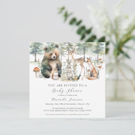 クマ鹿リスの森かわいい動物の赤ちゃんシャワー 招待状 (スタンド正面)