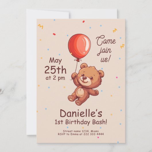 クマ1日よくはしゃぐ目、赤バルーン最初の誕生日 招待状 (正面)