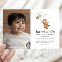 クマ3ブラウンバルーン写真1st誕生日招待状 招待状