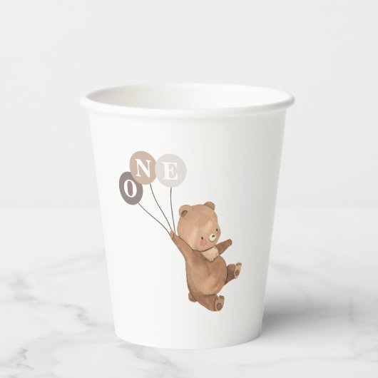 クマ3ブラウンバルーン1st誕生日 紙コップ (正面)