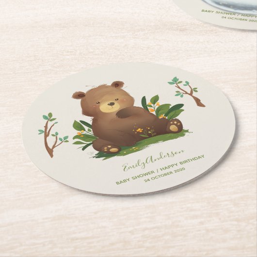 クマ·ウッドランド森林動物素朴イラストレーション ラウンドペーパーコースター (アングル)