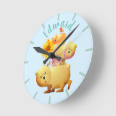 クマ、オンドリ、ひまわりタワー ラウンド壁時計 (傾斜)