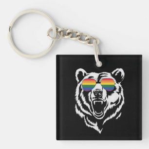 クマ ゲイ LGBTQ レインボー サングラス プライド フラッグ キーホルダー