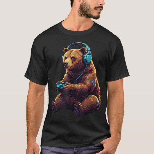 クマ ゲーミング 動物 ビデオゲーム 楽しい Tシャツ (正面)