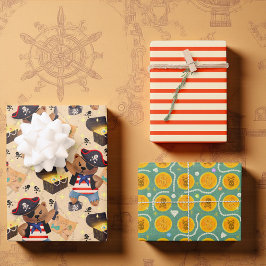 クマ、ストライプパーティー、財宝と海賊 ラッピングペーパーシート