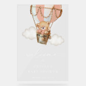 クマ、ピンクのホットエアバルーン、ベビーシャワーへようこそ アクリルサイン (正面)
