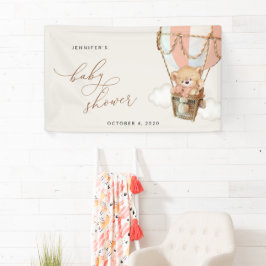 クマ、ピンクのホットエアバルーン、ベビーシャワーへようこそ 横断幕