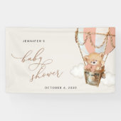 クマ、ピンクのホットエアバルーン、ベビーシャワーへようこそ 横断幕 (横)