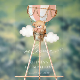 クマ、ピンクのホットエアバルーン、最初の誕生日へようこそ アクリルサイン