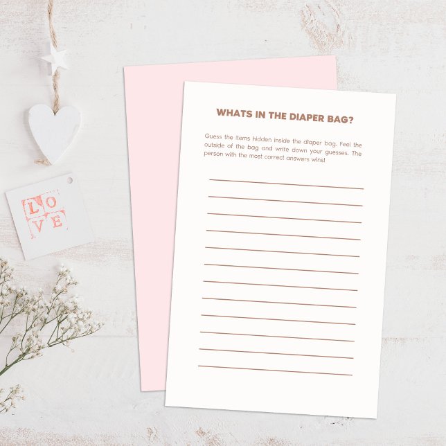 クマ&ピンクバルーン赤ちゃんシャワー推理ゲーム (Bear & Pink Balloons Baby Shower Guessing Game on a boho wooden table.)