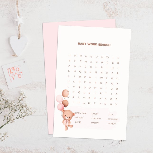クマ&ピンクバルーン赤ちゃんシャワー語検索ゲーム (Bear & Pink Balloons Baby Shower Word Search Game on a boho wooden table.)