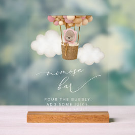 クマ、ピンクバルーン、熱気球、桃佐バー アクリルサイン