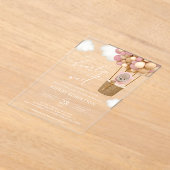 クマ、ピンク色の風船、熱気球、ベビーシャワー アクリル招待状 (レイダウン)