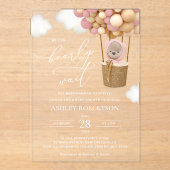 クマ、ピンク色の風船、熱気球、ベビーシャワー アクリル招待状 (正面)