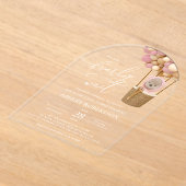 クマ、ピンク色の風船、熱気球、ベビーシャワー アクリル招待状 (レイダウン)