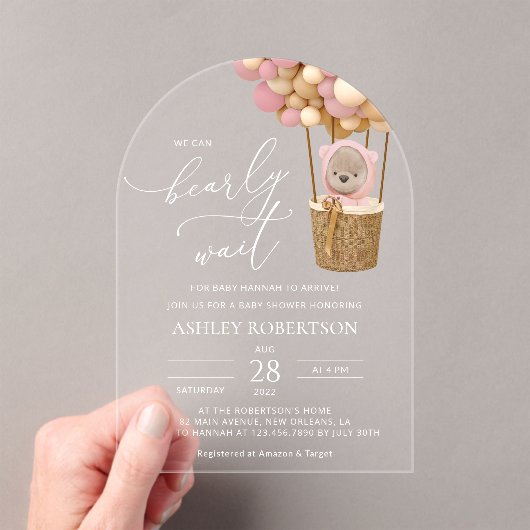 クマ、ピンク色の風船、熱気球、ベビーシャワー アクリル招待状 (インサイチュ (ポータブル))