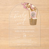 クマ、ピンク色の風船、熱気球、ベビーシャワー アクリル招待状 (正面)