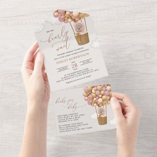 クマ、ピンク色の風船、熱気球、ベビーシャワー オールインワン招待状 (貼ってはがせる)