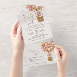 クマ、ピンク色の風船、熱気球、ベビーシャワー オールインワン招待状