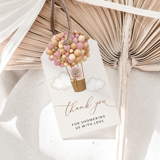 クマ、ピンク色の風船、熱気球、ベビーシャワー ギフトタグ