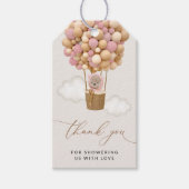 クマ、ピンク色の風船、熱気球、ベビーシャワー ギフトタグ (正面)