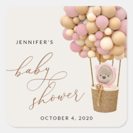 クマ、ピンク色の風船、熱気球、ベビーシャワー スクエアシール