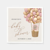 クマ、ピンク色の風船、熱気球、ベビーシャワー スタンダードカクテルナプキン (正面)