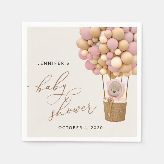 クマ、ピンク色の風船、熱気球、ベビーシャワー スタンダードカクテルナプキン (正面)