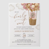 クマ、ピンク色の風船、熱気球、ベビーシャワー ベラム紙招待状 (正面)