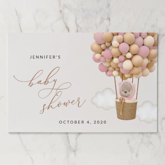 クマ、ピンク色の風船、熱気球、ベビーシャワー ペーパーパッド (正面)