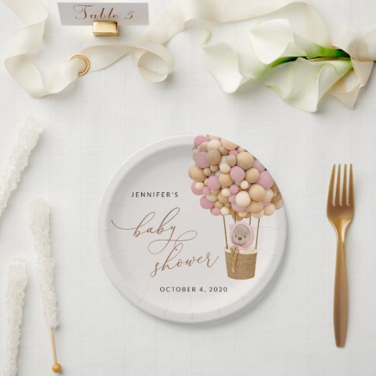 クマ、ピンク色の風船、熱気球、ベビーシャワー ペーパープレート (ウェディング)