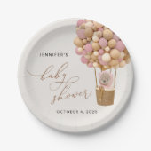 クマ、ピンク色の風船、熱気球、ベビーシャワー ペーパープレート (正面)