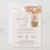 クマ、ピンク色の風船、熱気球、ベビーシャワー 招待状 (正面)