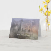クマ、ボブキャット、タカの冬至の祝福 カード (黄色い花)