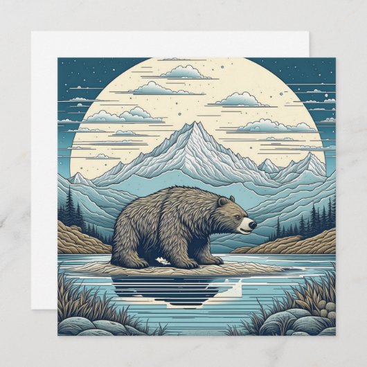 クマ、山、湖、満月Aiアート (正面/裏面)