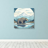 クマ、山、湖、満月Aiアート キャンバスプリント (インサイチュ (ウッドフロア))