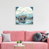 クマ、山、湖、満月Aiアート キャンバスプリント (インサイチュ (リビング))