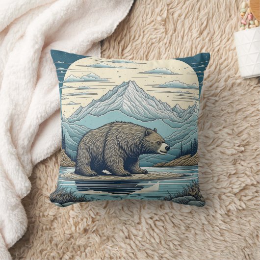 クマ、山、湖、満月Aiアート クッション (ブランケット)