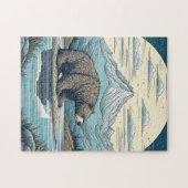 クマ、山、湖、満月Aiアート ジグソーパズル (横)