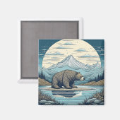 クマ、山、湖、満月Aiアート マグネット (正面/裏面)