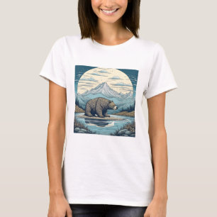 クマ、山、湖、満月Aiアート Tシャツ