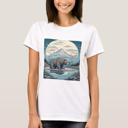 クマ、山、湖、満月Aiアート Tシャツ (正面)