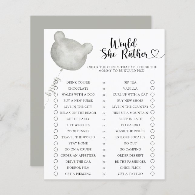 クマ/彼女はむしろ赤ちゃんシャワーのゲーム (正面/裏面)