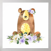 クマ、森林動物、ボホ、紫の花 ポスター (正面)