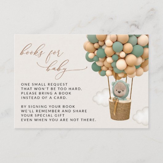 クマ、緑の風船、ベビー用の赤ちゃんシャワーブック エンクロージャーカード (正面)