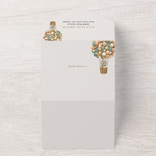 クマ、緑の風船、熱気球、赤ちゃんシャワー オールインワン招待状 (外側)