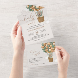 クマ、緑の風船、熱気球、赤ちゃんシャワー オールインワン招待状