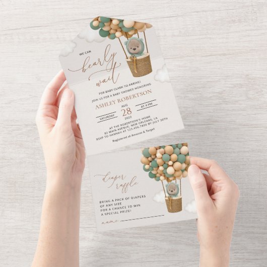 クマ、緑の風船、熱気球、赤ちゃんシャワー オールインワン招待状 (貼ってはがせる)